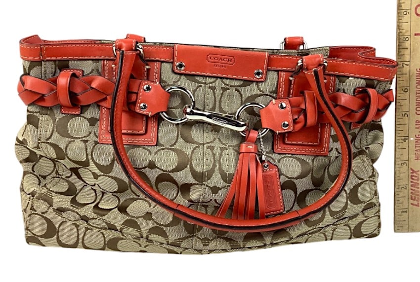 Coach Hampton C Logo Beige Braided Pink Leather Carryall Tote: Coach Hampton C Logo Beige Braided Pink Leather Carryall Tote