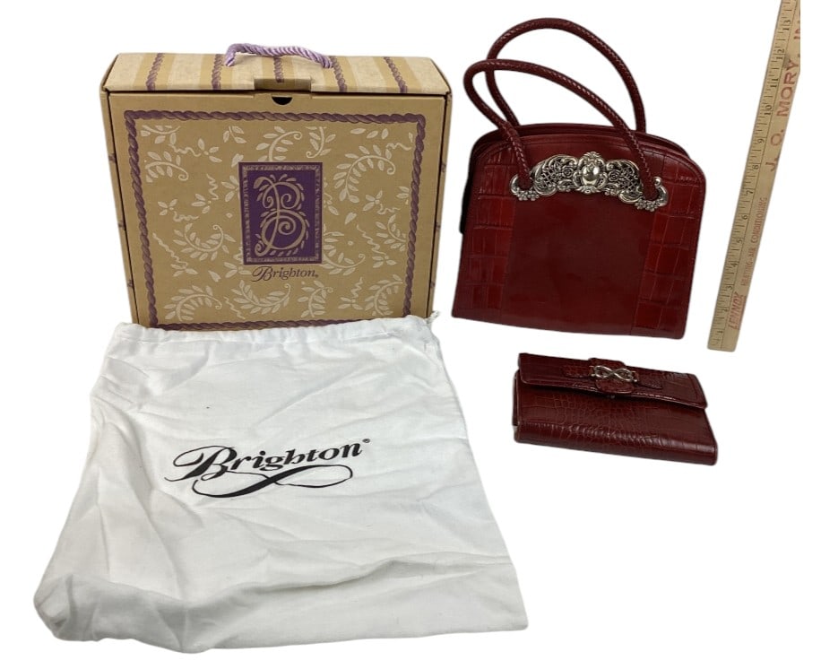 Brighton, Red Leather Crocodile Embossed Leather Satchel Handbag, Leather Crocodile Embossed Wallet, (1 of 7)