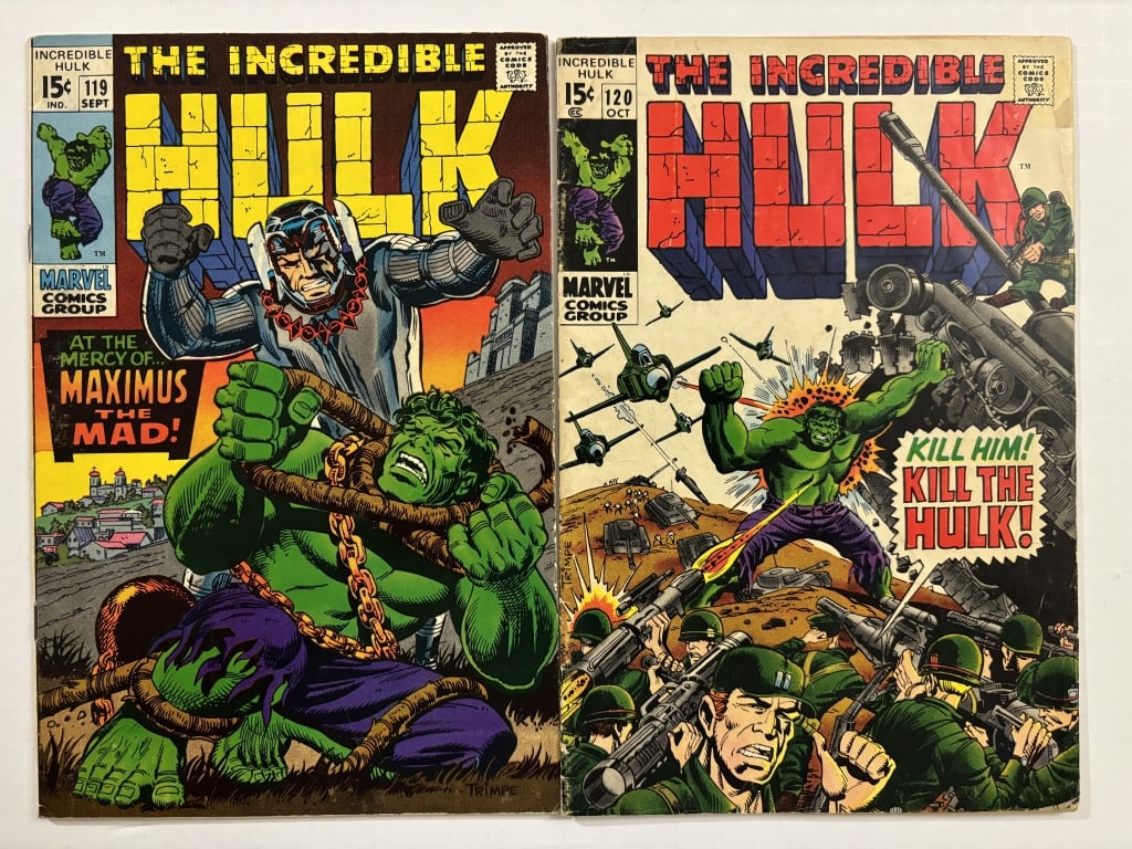 Hulk 119 & 120 Herb Trimpe Covers 1969 Comics FN: Hulk 119 and 120. Silver age Marvel Comics. 1969. Herb Trimpe covers. Issue 119 and 120 both appear to be in the FN condition range. Neither of these comics have been cleaned, pressed, or professional