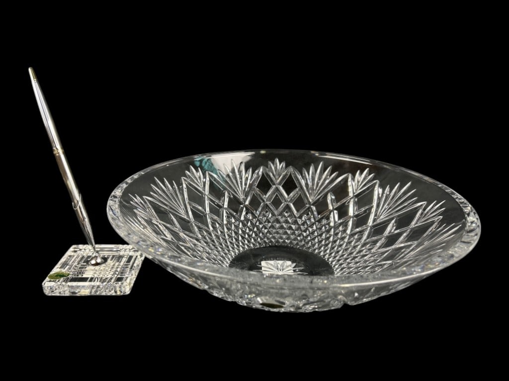 (2)Waterford, Sullivan 13in Crystal Bowl, original box and tag, Waterford, Crystal Desk Pen Holder,: Waterford, Sullivan 13in Crystal Bowl, original box and tag, Waterford, Crystal Desk Pen Holder, Square Paperweight, w/box