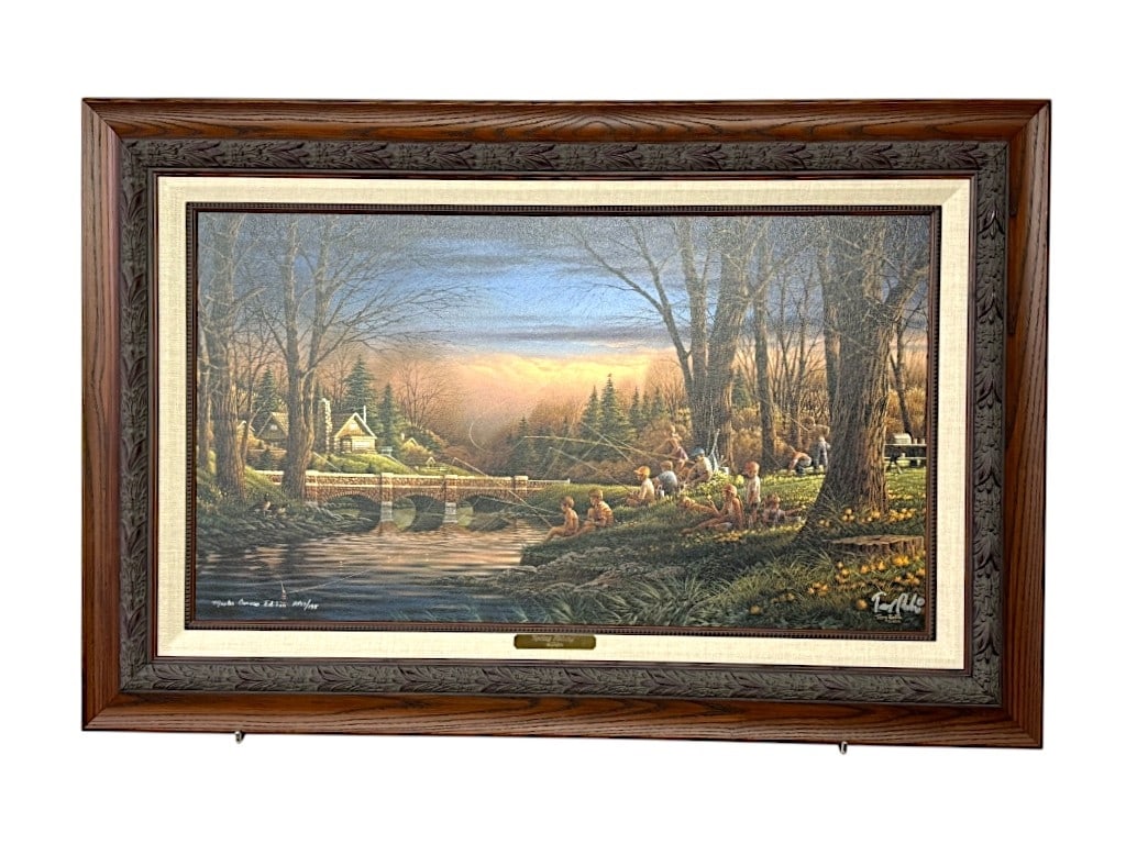 Terry Redlin "Spring Fishing", Master Canvas Edition, AP 17/195: Terry Redlin "Spring Fishing", Master Canvas Edition, Artist Proof, 17/195, signed, Image size 18 1/2" x 32". Custom Frame size 40" x 27" with stacked 3" rustic matte-finished outer molding, 2" black