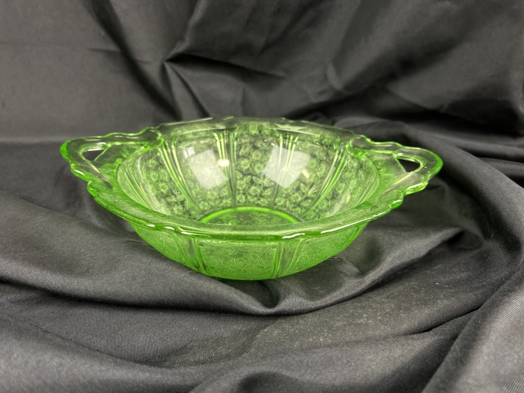 Uranium Depression Glass Bowl, with handles: Uranium Depression Glass Bowl, with handles