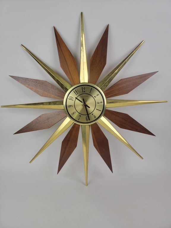 MCM Wood & Metal Sunburst Starburst Wall Clock (1 of 6)