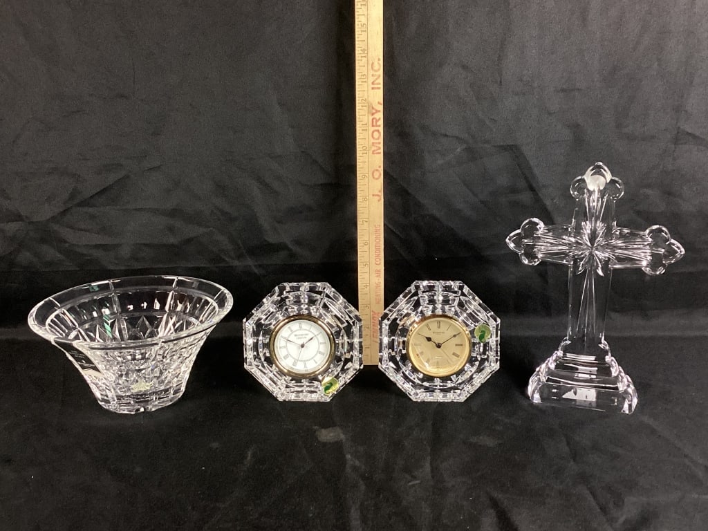 (4) Waterford, Crystal, 2 Octagonal Gold Face, Quartz 5", Desk Clocks, The Welcome Bowl, 4", Star (1 of 1)