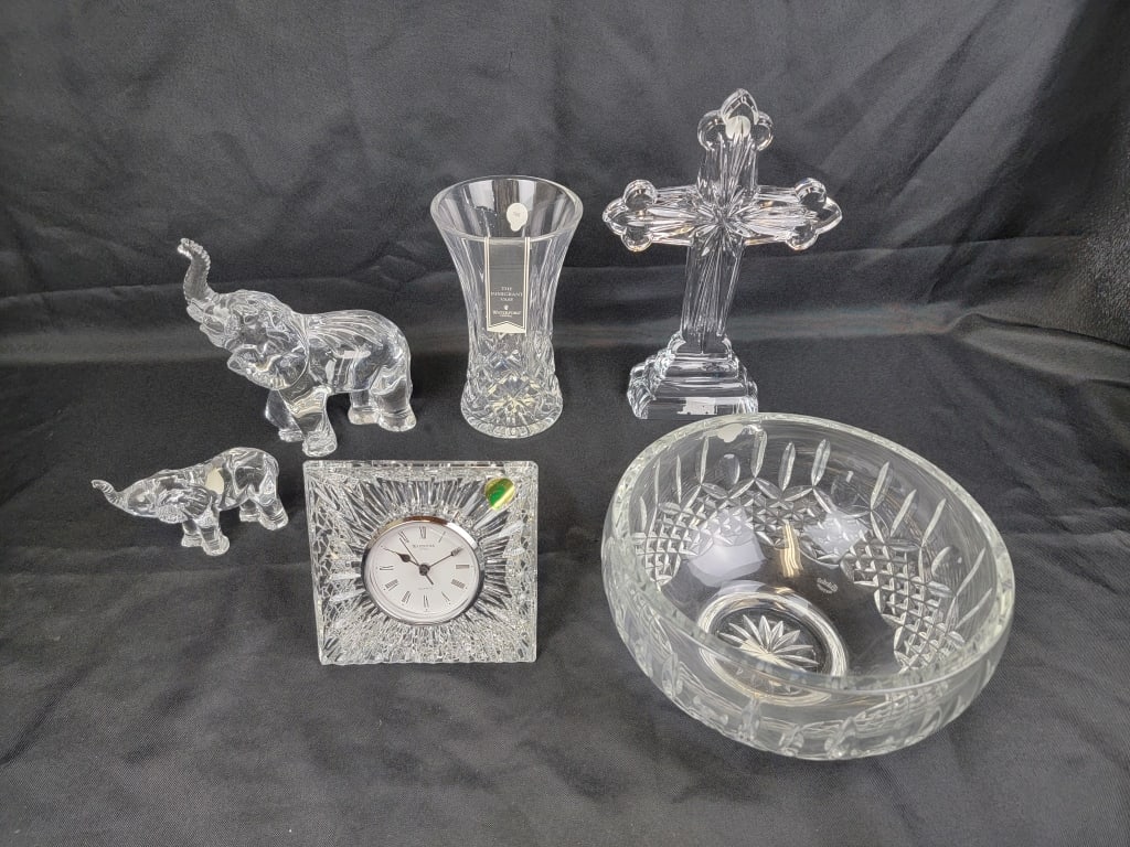 Waterford, Crystal, 2 Elephant Paperweights, Mom and baby, Star Cross, standing, 10", Immigrant Vase (1 of 9)