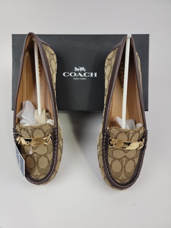 Coach, Olive Outline, Signature, Jacquard, Khaki/Chestnut, Penny Loafers, Size 8, NWOT: Coach, Olive Outline, Signature, Jacquard, Khaki/Chestnut, Penny Loafers, Size 8, NWOT
