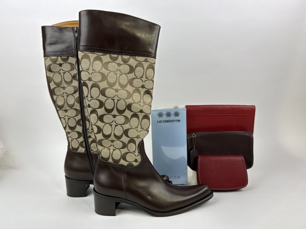Coach, Olivia Healed Boot, Logo, Tall/Calf, Khaki/ Mahogany, Size 8.5, Width M, w/box, (Retail (1 of 20)