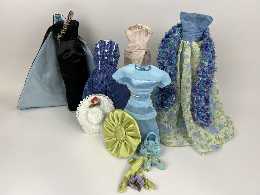 8 Gene Doll Clothing Sets, Paintbox OG blue flowers gown, '10 Welcome Cocktail Sheath Dress, "House (1 of 15)