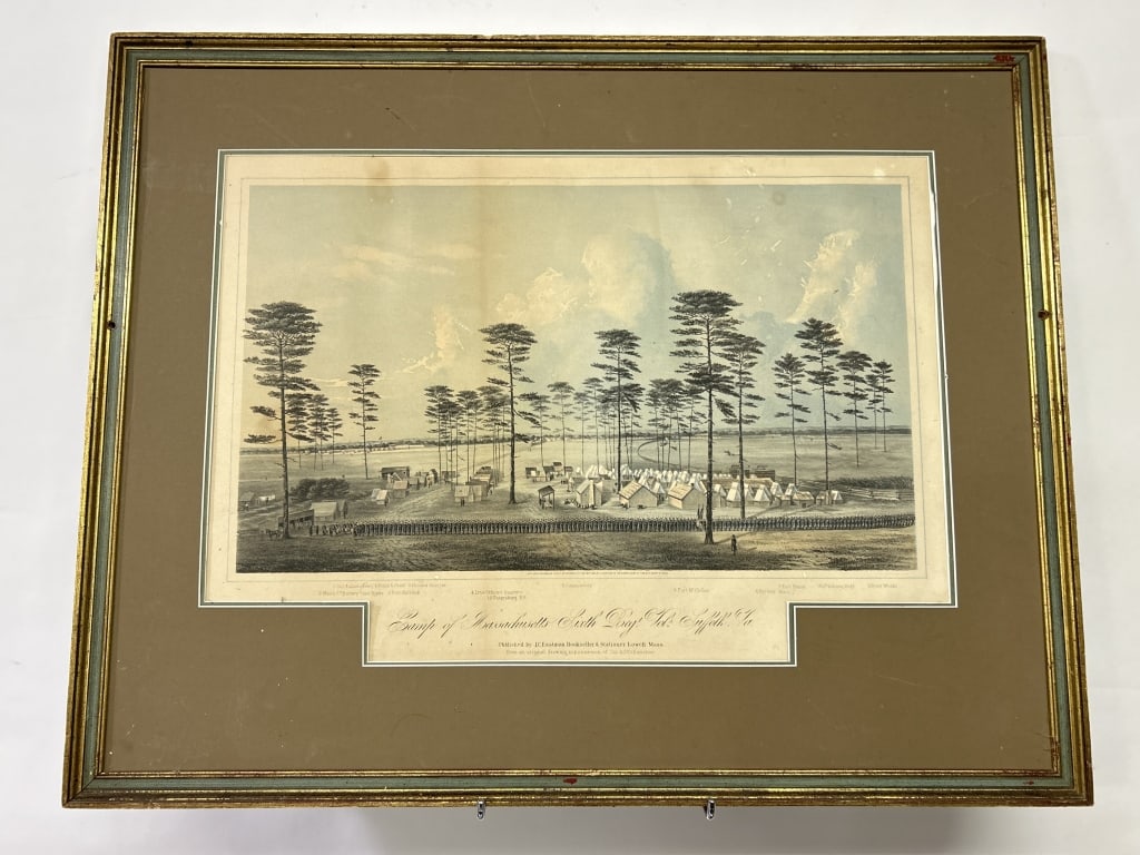 Civil War 1863 Camp of Massachusetts 6th Reg. Vols. Suffolk, Va.: Civil War 1863 Camp of Massachusetts 6th Reg. Vols. Suffolk, Va. Hand colored lithograph print by I. C. Eastman