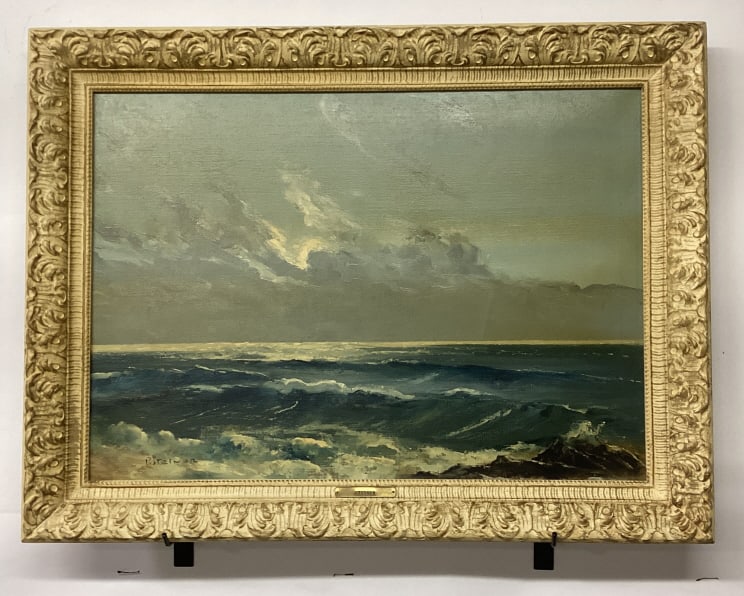 P. Steiner Oil On Canvas Seascape Painting: P. Steiner (Austrian, 20th century) oil on canvas seascape painting. Signed lower left. Mounted in painted wood frame. 28 inches x 20 inches measures the canvas stretcher.