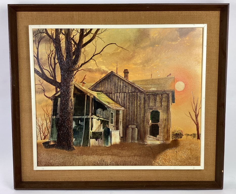 Stuart Slavik Oil On Canvas Painting Ozark Tudor: Stuart Slavik (American, Illinois, 20th century) oil on canvas painting titled "Ozark Tudor," circa 1970s. Signed lower left and with exhibition label on the reverse. Wood and laminate frame. 24 inche