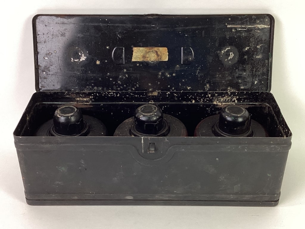 Set of 3 Toledo No 5 Railroad Truck Flares Smudge Pots: (3) Toledo Pressed Steel kerosene smudge pot flares, Model #5, in in original steel box.