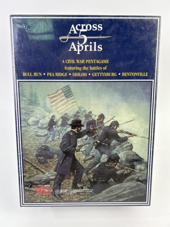 Across 5 Aprils Civil War Pentagame Sealed: Across 5 Aprils - A Civil War Pentagame featuring the battles of Bull Run, Pea Ridge, Shiloh, Gettysburg, Bentonville. 1997 Victory Games #30035. Sealed