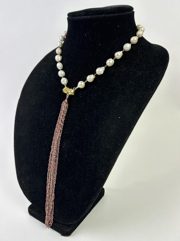 Sterling, Freshwater Pearl & Garnet Necklace: Sterling, Freshwater Pearl & Garnet Necklace. Total weight inclusive of all materials: 46.0 grams.