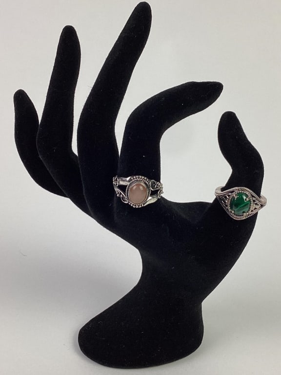 (2) Sterling Rings Malachite & Peach Moonstone (1 of 12)