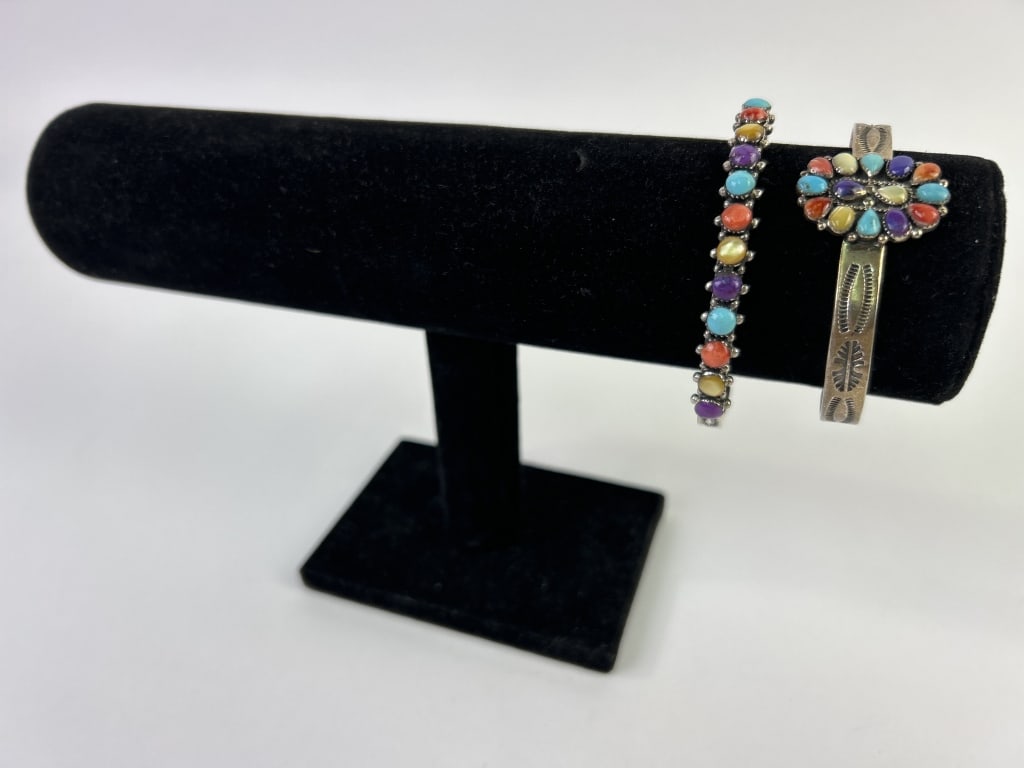(2) Gem Set Phillippines Sterling Bracelets: (2) Gem Set Phillippines Sterling Bracelets - with turquoise, coral, mother-of-pearl. Total weight inclusive of all materials: 34.1 grams.