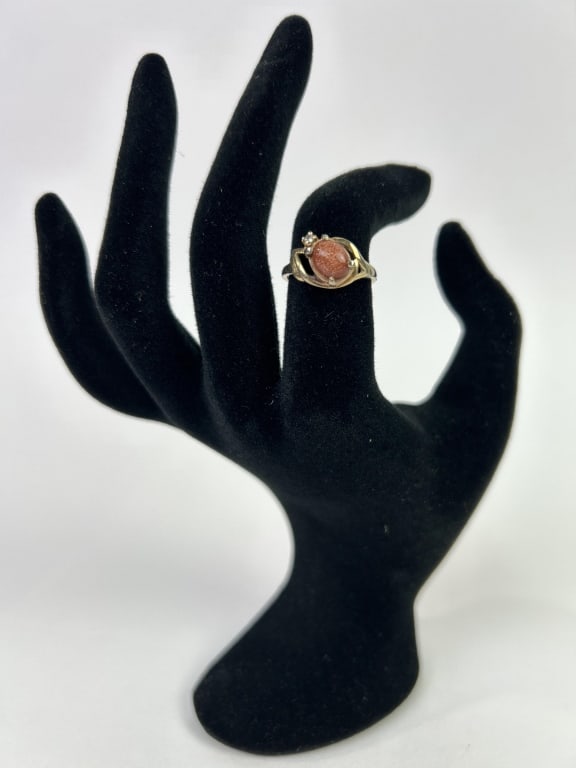 10k Gold Ring w/Goldstone Cabochon & Diamond Chip: 10k Gold Ring w/Goldstone Cabochon & Diamond Chip, size 5.5. Total weight inclusive of all materials: 2.939 grams.
