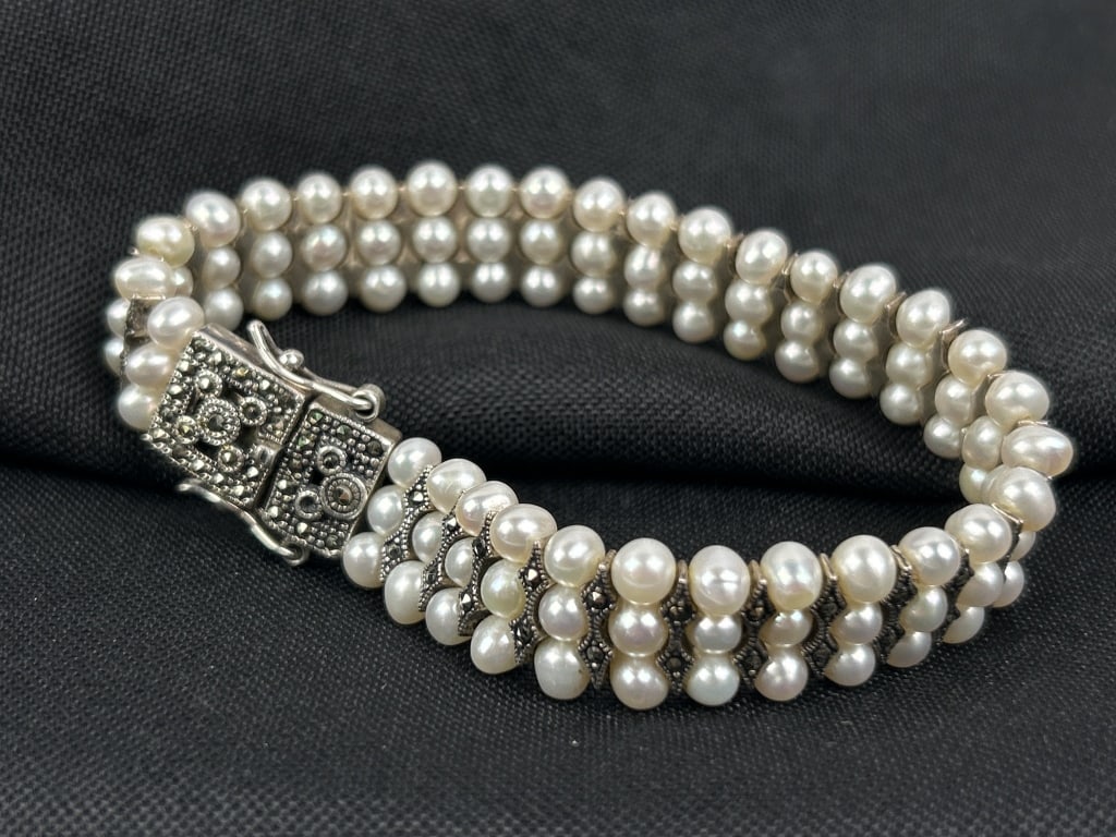 Sterling, Cultured Pearl & Marcasite Bracelet: Sterling, Cultured Pearl & Marcasite Bracelet. Total weight inclusive of all materials 25.9 grams. 7 inches long.
