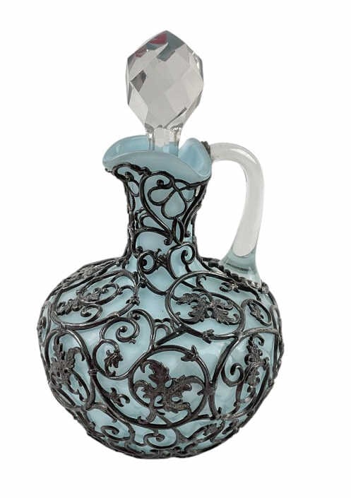 Victorian Spelter Overlay Glass Cruet, Pale Blue 19th Century: Measures approximately 5.5 inches including stopper.