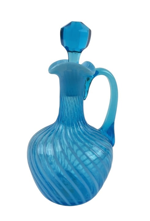 Hobbs, Brockunier & Co. Victorian Blue Opalescent Swirl Cruet Circa 1880s-1890s: Measures approximately 5.5 inches including stopper.