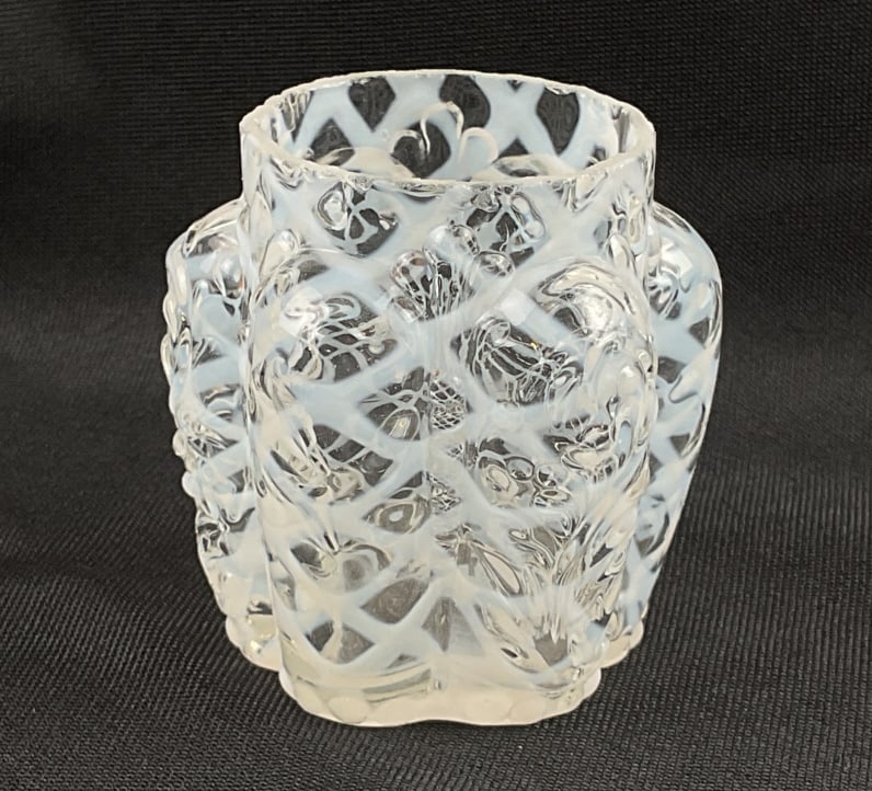 Northwood Opalescent Lattice Paneled Sprig Toothpick Holder c. 1895-1900: Measures approximately 2 inches.