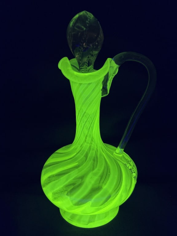 Victorian Vaseline Uranium Opalescent Glass Cruet English, 19th e. with Replacement Stopper.: Measures approximately 7.5 inches tall including stopper.