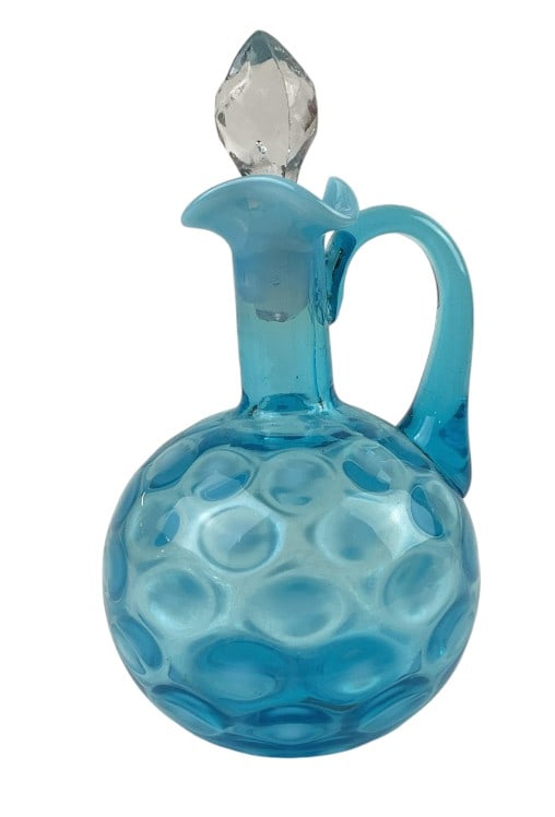 Victorian EAPG Blue Opalescent Coin Spot Cruet 19th Century: Measures approximately 6.5 inches tall including stopper.