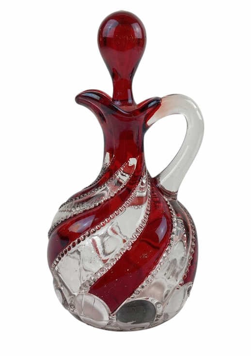 EAPG Ruby Stain Beaded Swirl and Lens Cruet 19th Century: Measures approximately 6.5 inches including stopper.
