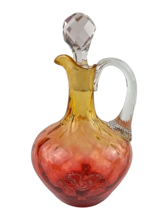 Amberina Glass Diamond Quilt Optic Cruet with Applied Reeded Handle and Faceted Stopper (1 of 8)