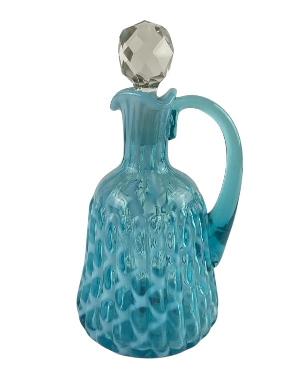 Buckey Victorian Blue Opalescent Glass Ribbed Opal Lattice Cruet Circa 1888-1890 (1 of 8)