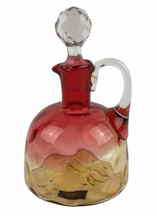 Victorian Amberina Glass Inverted Thumbprint Cruet 19th Century: Measures approximately 5.5 inches tall including stopper.