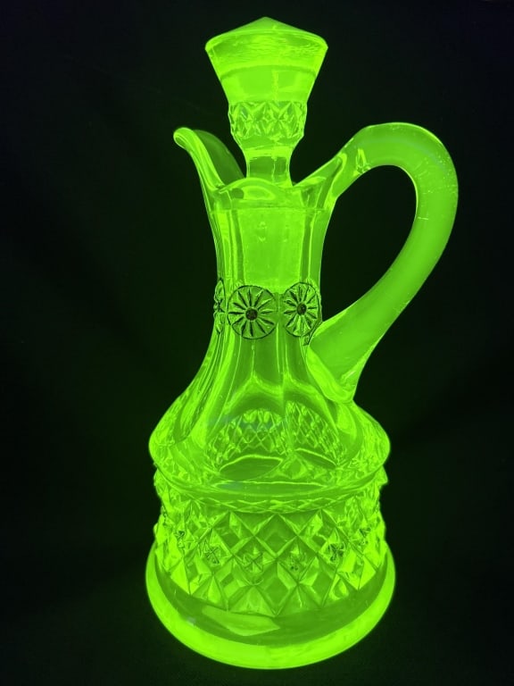 Riverside Glass Works Vaseline Uranium Glass Petti Coat Cruet Circa 1901: Measures approximately 7 inches tall including stopper.