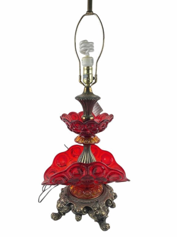 LE Smith Moon and Stard Banana Boat Lamp: LE Smith pressed glass lamp featuring the iconic red Moon and Stars pattern. The base, midsection, and upper sections of the lamp are crafted in vibrant red pressed glass with raised circular detailin