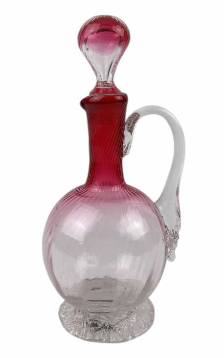 English Victorian Rubina Glass Cruet with Applied Thorn Handle 19th Century: Measures approximately 8.5 inches tall including stopper.