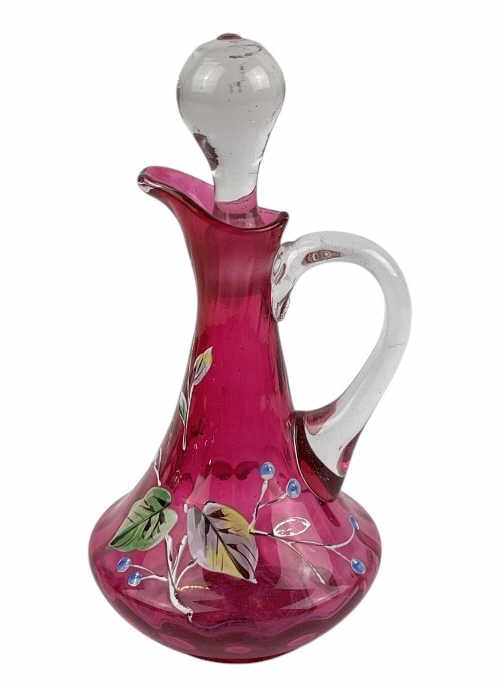 Victorian Cranberry Enameled Thumbprint Optic Cruet 19th Century: Measures approximately 7 inches including stopper.