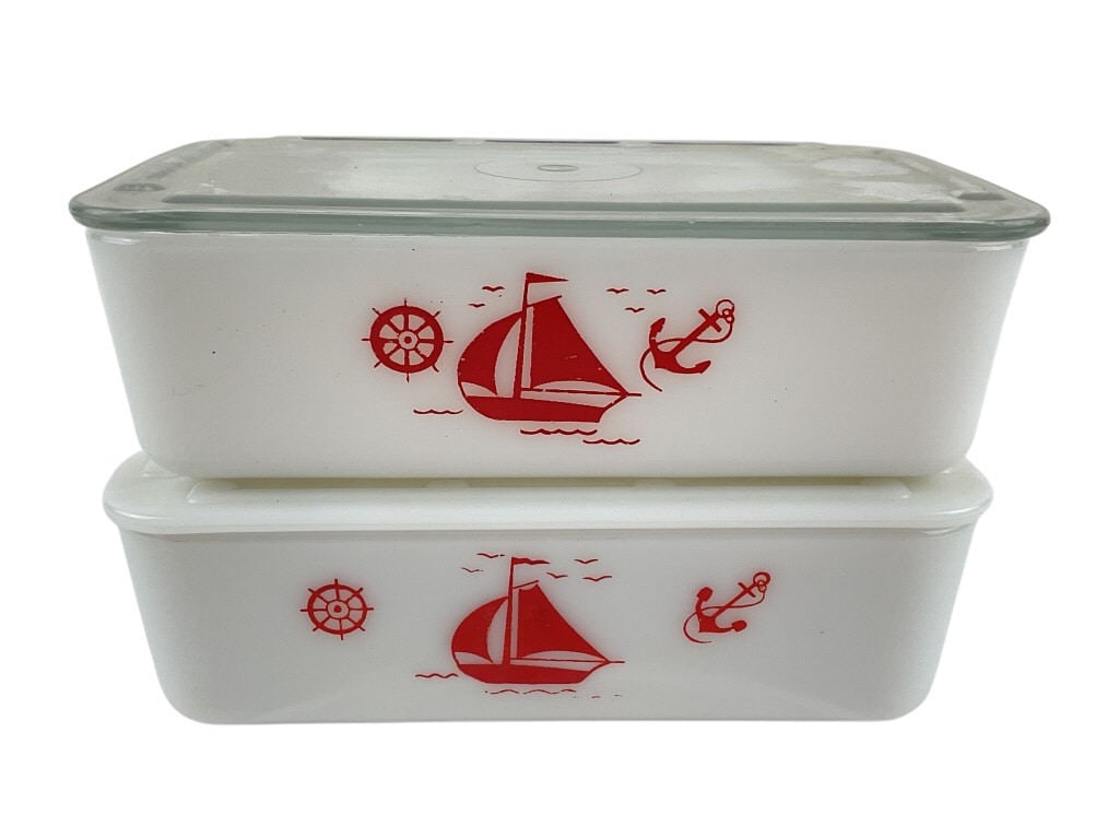 McKee White Milk Glass Refrigerator Dishes with Sailboat Design (1 of 8)