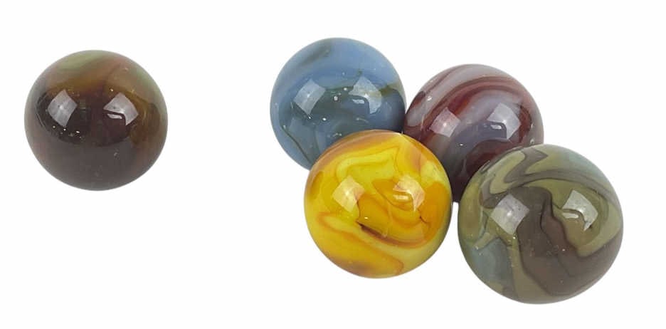 (5) Glass Shooter Marbles: (5) Glass shooter marbles each featuring unique swirls in colors such as yellow, orange, red, blue, green, brown, and gray. Each marbles measures about 1 in in size.