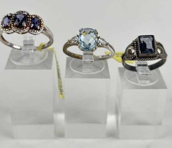 (3) 925 Sterling Silver Rings, two made in India, featuring Blue and Purple Stones weighing 2.90 (1 of 5)
