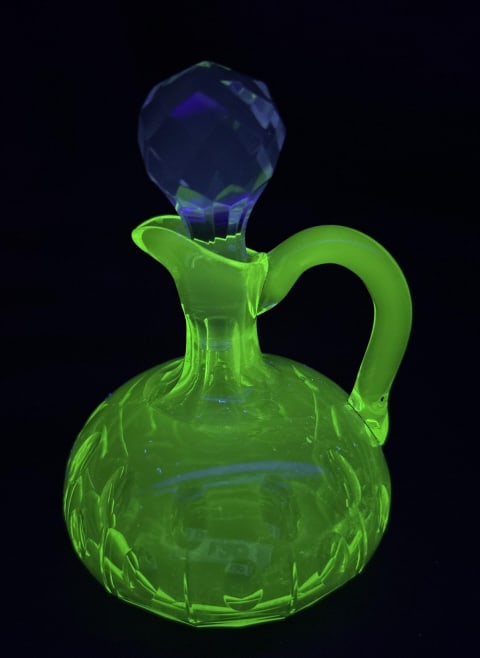 Uranium Cut Glass Cruet Early 20th Century c.: Measures approximately 5.5 inches tall including stopper.
