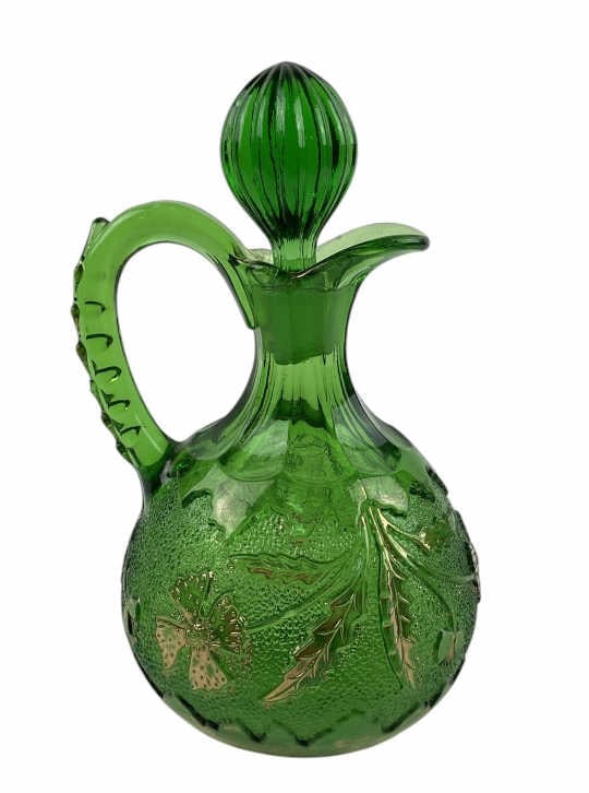 U.S. Glass Co. Emerald Green Glass Deleware Cruet Circa 1900-1910: Measures approximately 6.5 inches tall including stopper.