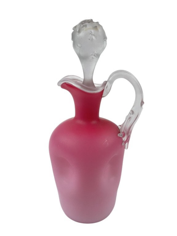 English of Continental Victorian Peachblow Type Glass Cruet with Thorn Handle & Stopper: Measures approximately 7 inches tall with stopper.