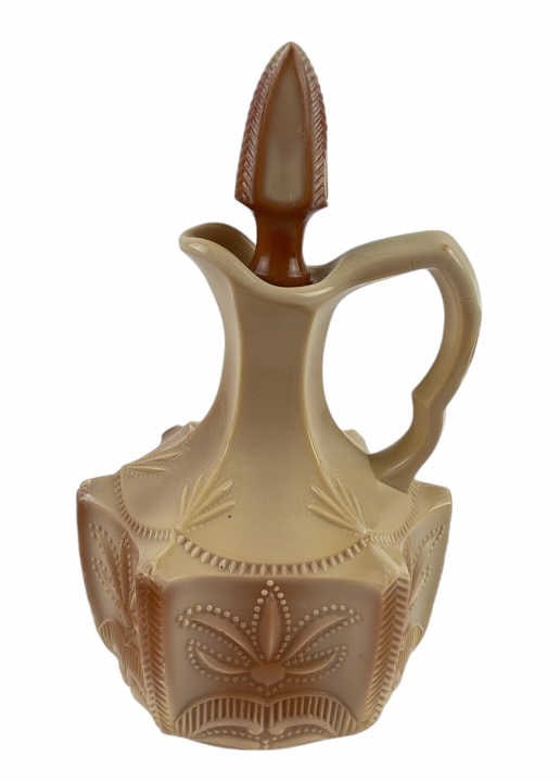 Indiana Tumbler & Goblet Co. Greentown Chocolate Glass Cactus Cruet: Measures approximately 7 inches tall with stopper.