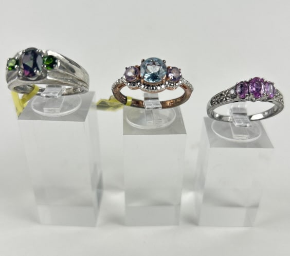 (3) 925 Sterling Silver Rings, two made in India, featuring Purple, Green, Pink, and Blue Gemstones (1 of 5)