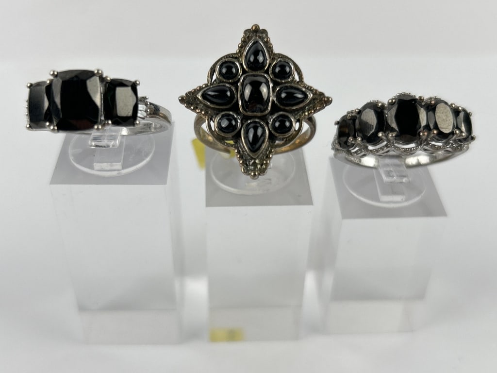 (3) 925 Sterling Silver Rings with Black Stones weighing 5.715 grams, 3.731 grams, and 4.142 grams (1 of 5)