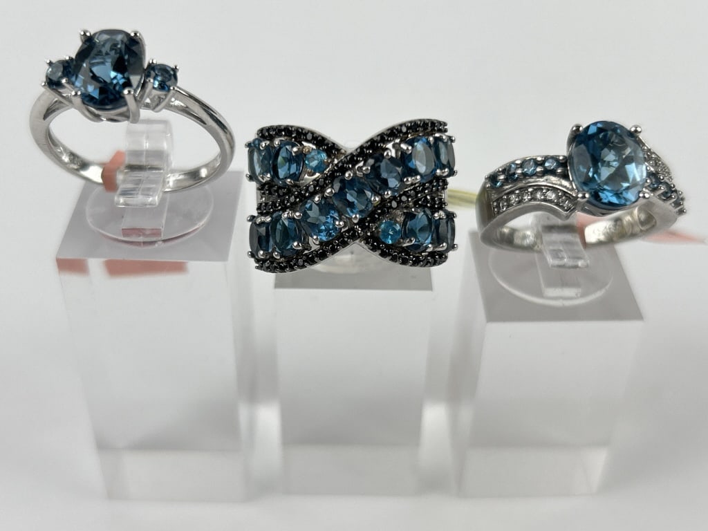(3) 925 Sterling Silver Rings, one made in India and two made in China, featuring Blue Gemstones (1 of 6)