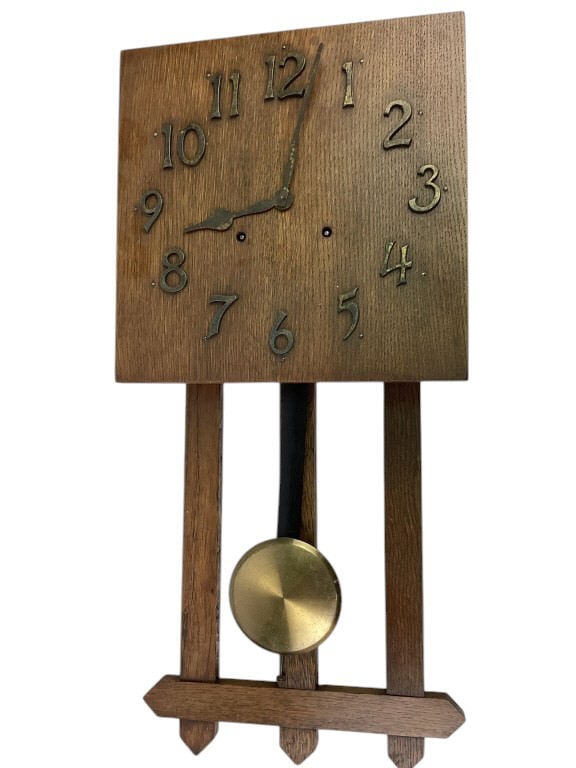 Arts & Crafts Mission Oak Wall Clock: Arts & Crafts Mission Oak Wall Clock. 28 inches high x 13 inches wide x 1.5 inches deep.