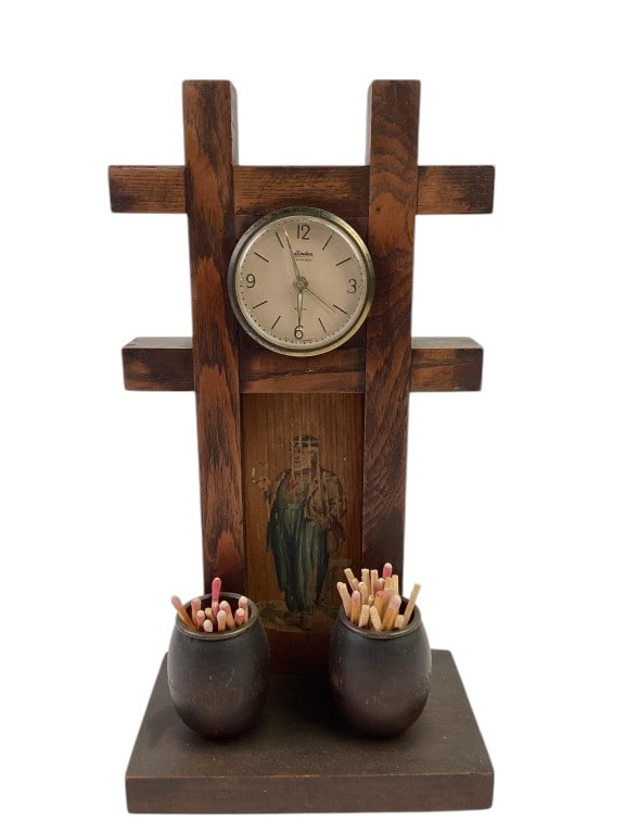 Mission Oak Style Clock Case w/Match Holders: Mission Oak Style Clock Case w/Match Holders; Linden alarm clock.