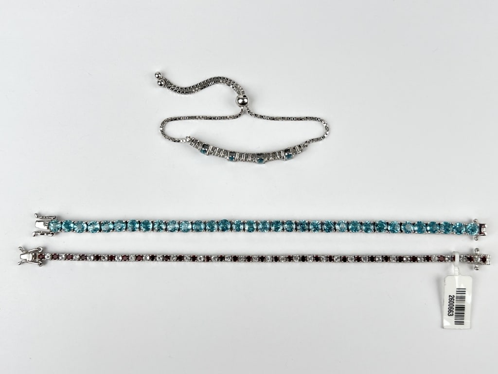 (3) 925 Sterling Silver Bracelets featuring Blue and Red Gemstones (1 of 3)
