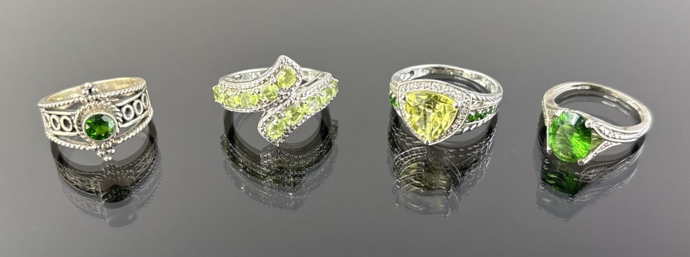 (4) 925 Sterling Silver Rings featuring Green Gemstones. Total Weight: 16.95 grams (1 of 1)