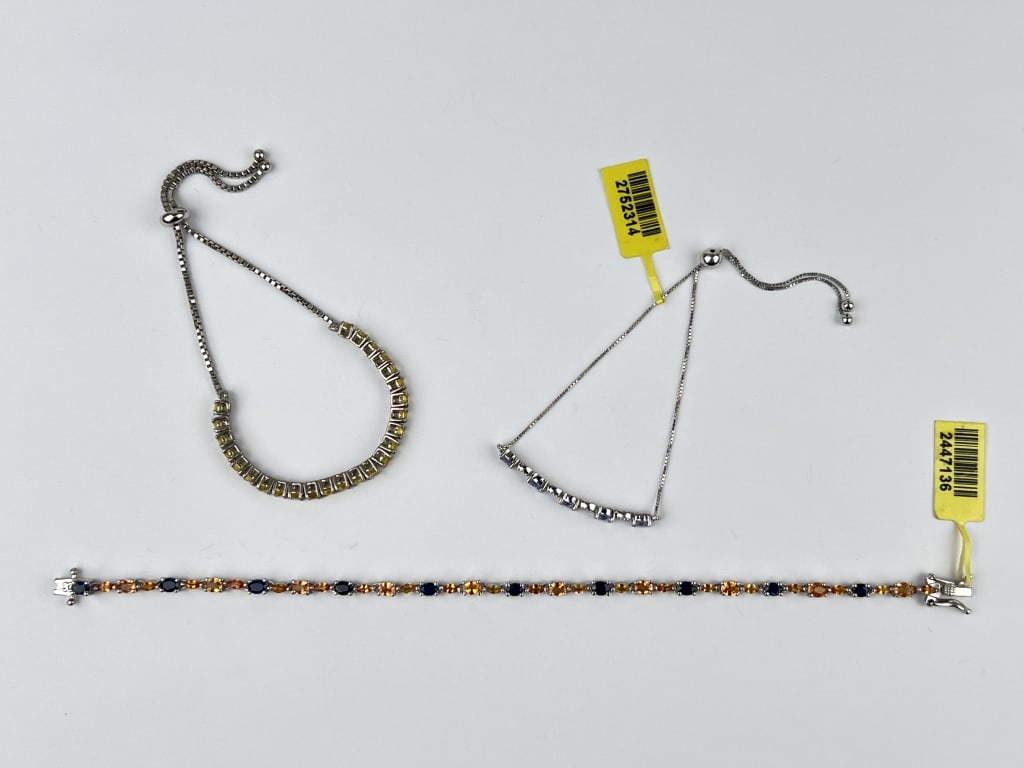 (3) 925 Sterling Silver Bracelets, two made in India, with Yellow, Purple, and Blue Gemstones. Total (1 of 2)